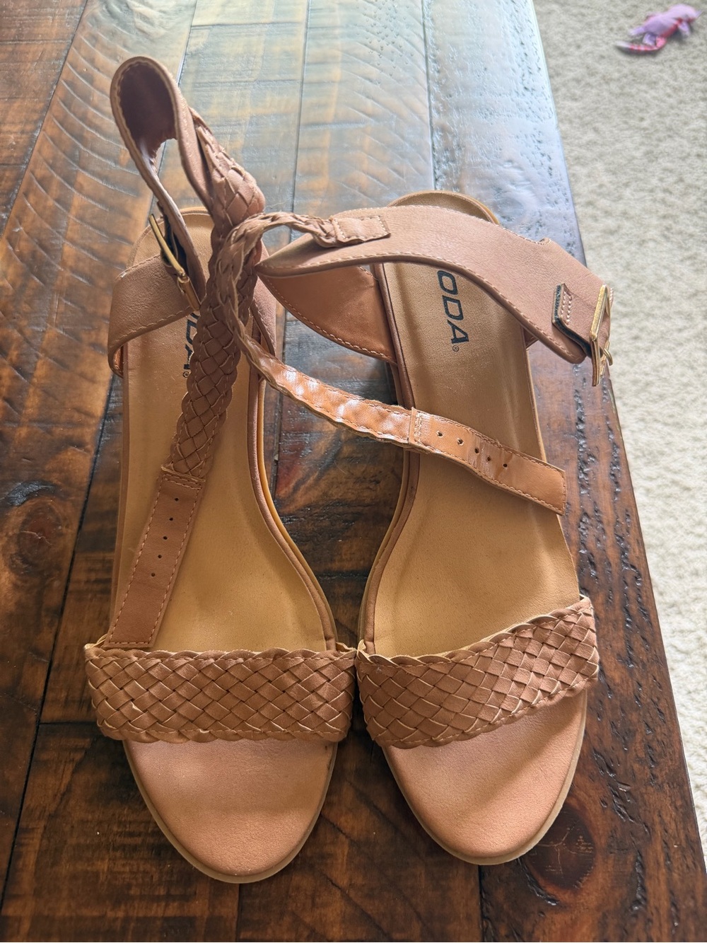 SODA Nude Blush Woven Strappy Block Heel Sandals